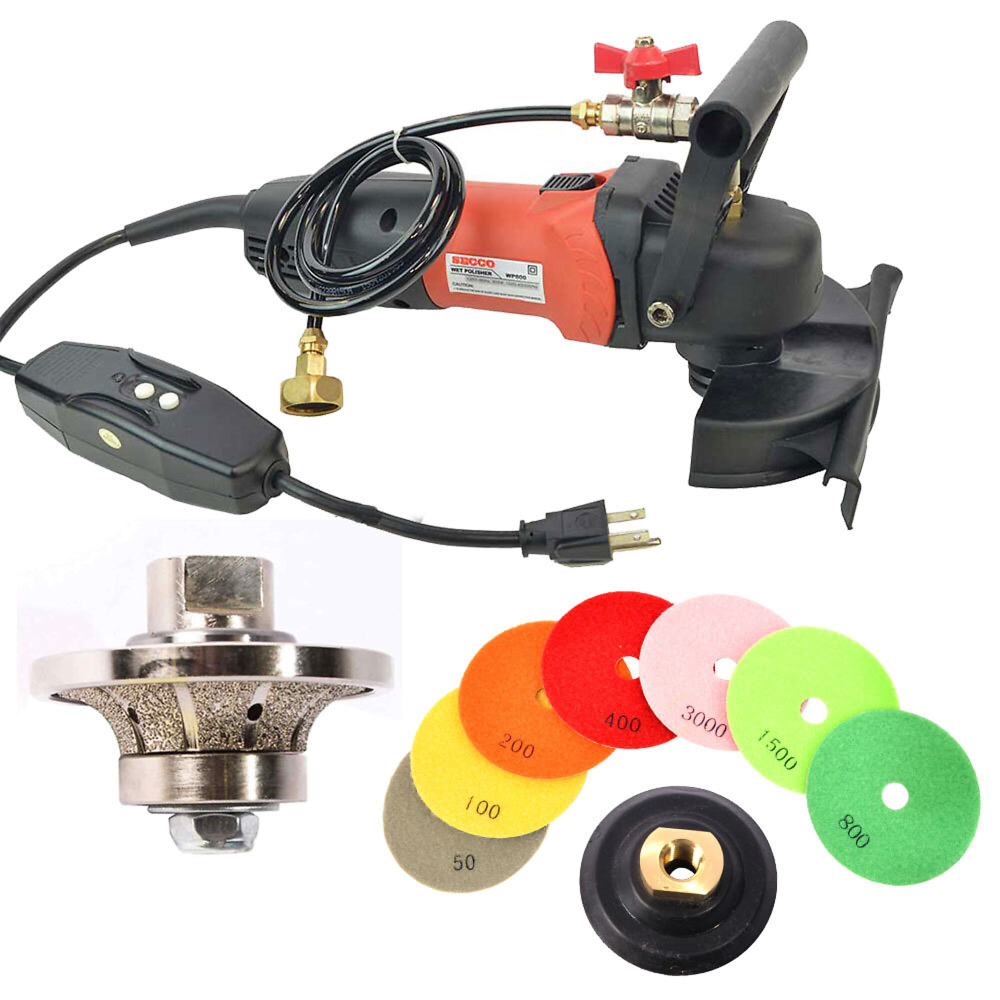 Hardin 12WVPOLSET 1/2 Inch Radius Diamond Profile Wheel, WP800 4 Inch Var Speed Polisher and 8 pc 4 Inch Diamond Polishing Pad Set